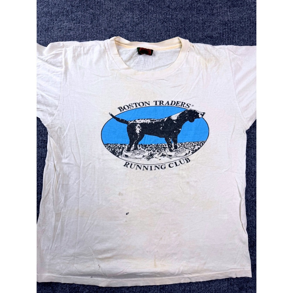 Vintage 90s Boston Traders Running Club T-Shirt Dog Graphic Cream XL Single Stit